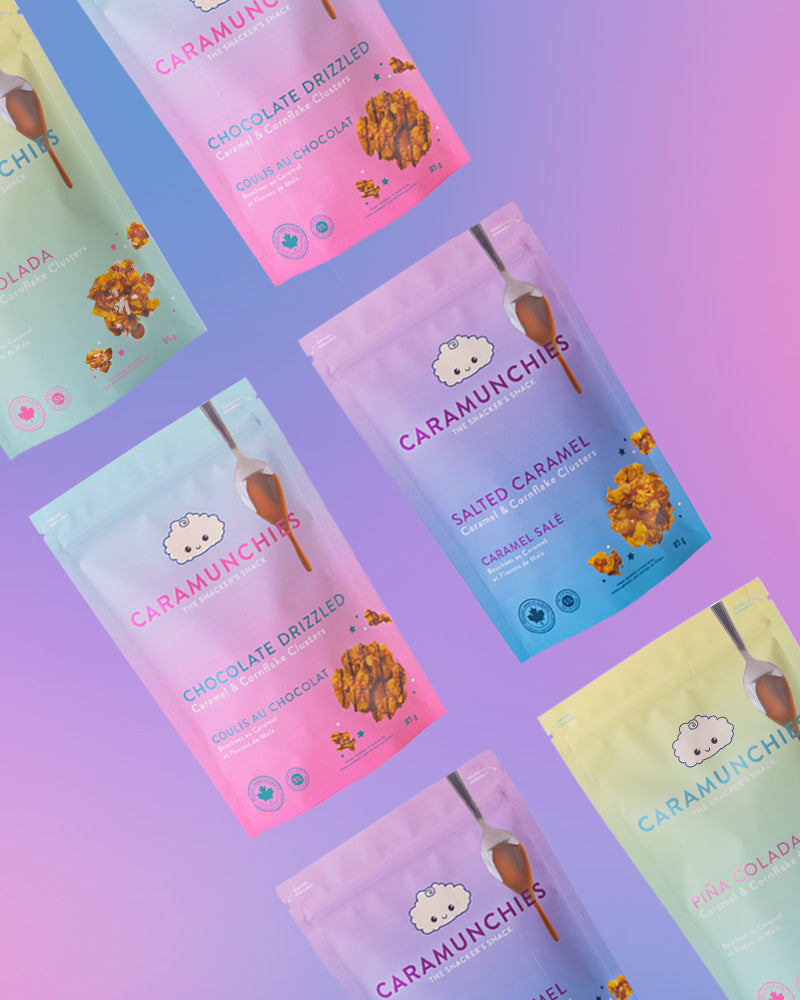 Six Caramunchies pouches on a pink and purple gradient