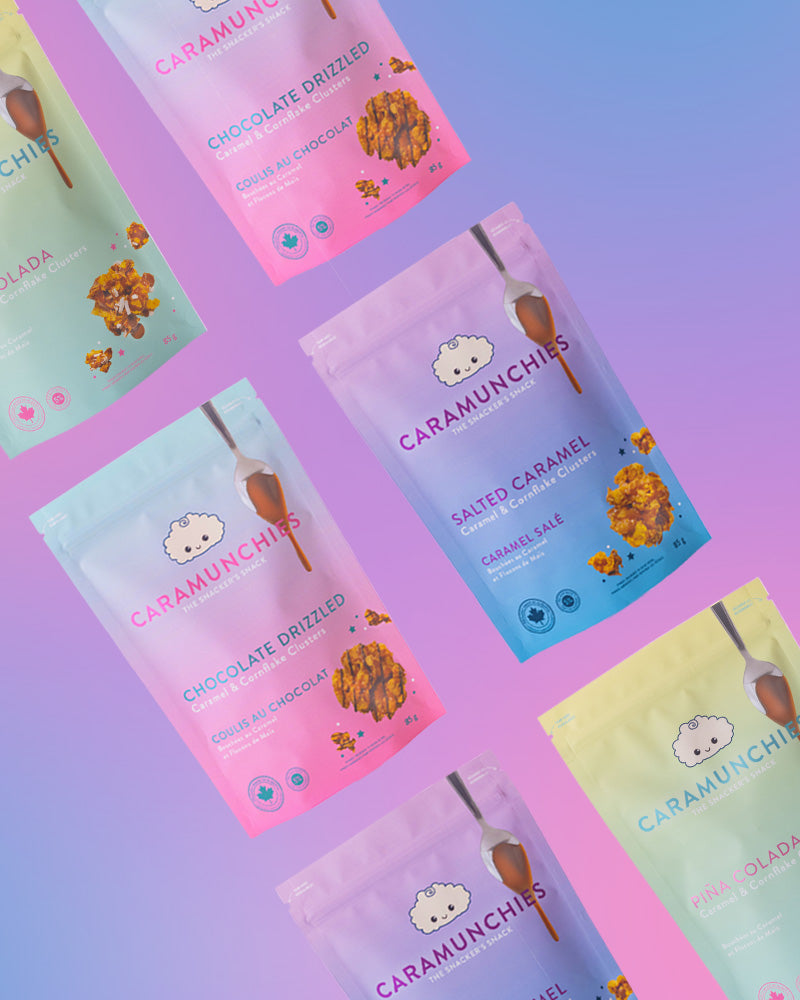 Six Caramunchies pouches on a pink and purple gradient