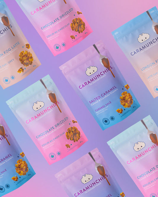 Eight Caramunchies pouches on a pink and purple gradient