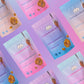 Eight Caramunchies pouches on a pink and purple gradient