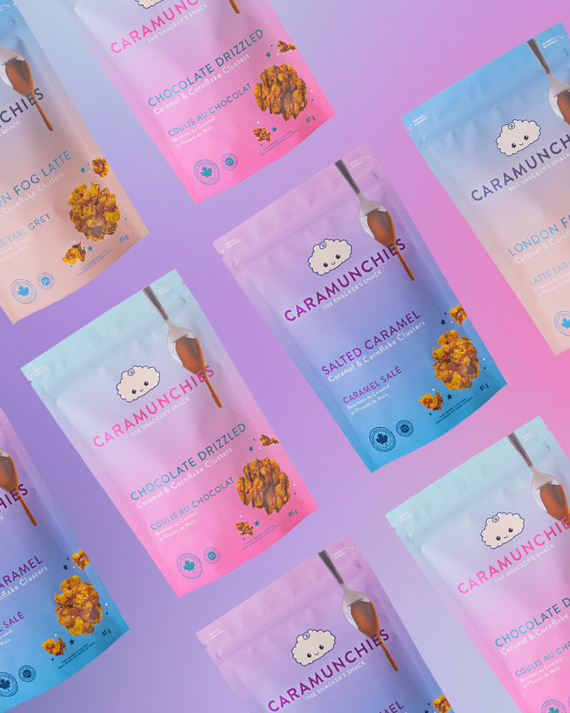 Eight Caramunchies pouches on a pink and purple gradient